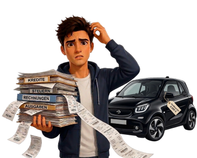Max mit Aktenstapel und dem Auto, um das es in der Demo geht